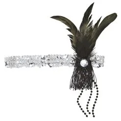 Hoofdband Pailletten Zilver Met Veren En Parels