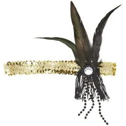 Hoofdband Pailletten Goud Met Veren En Parels