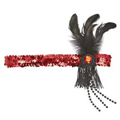 Hoofdband Pailletten Rood Met Veren En Parels