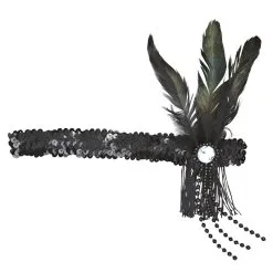 Hoofdband Pailletten Zwart Met Veren En Parels